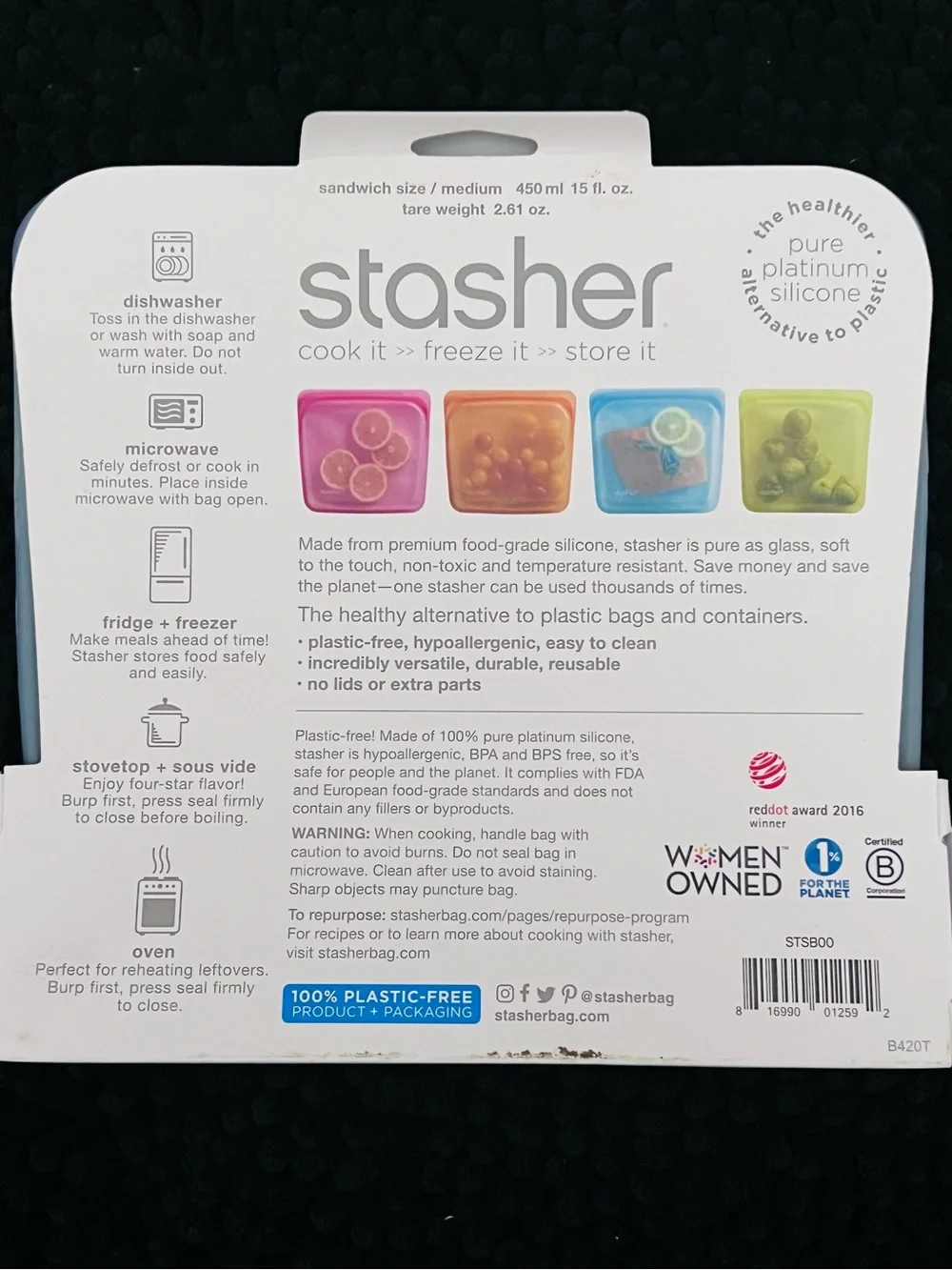 NWT • Stasher • Plastic-Free Reusable Silicone Storage Bag • Clear/White